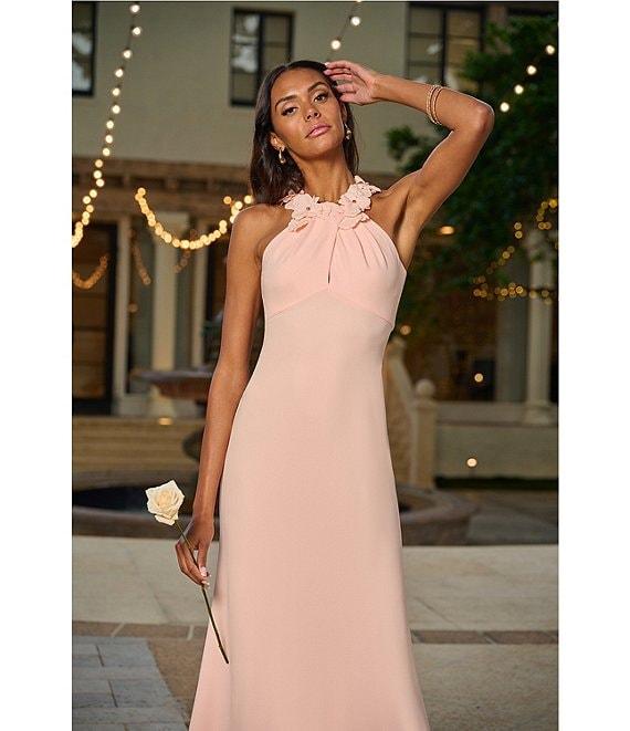 Adrianna Papell Crepe Halter Neck Sleeveless Rosette Mermaid Gown Product Image