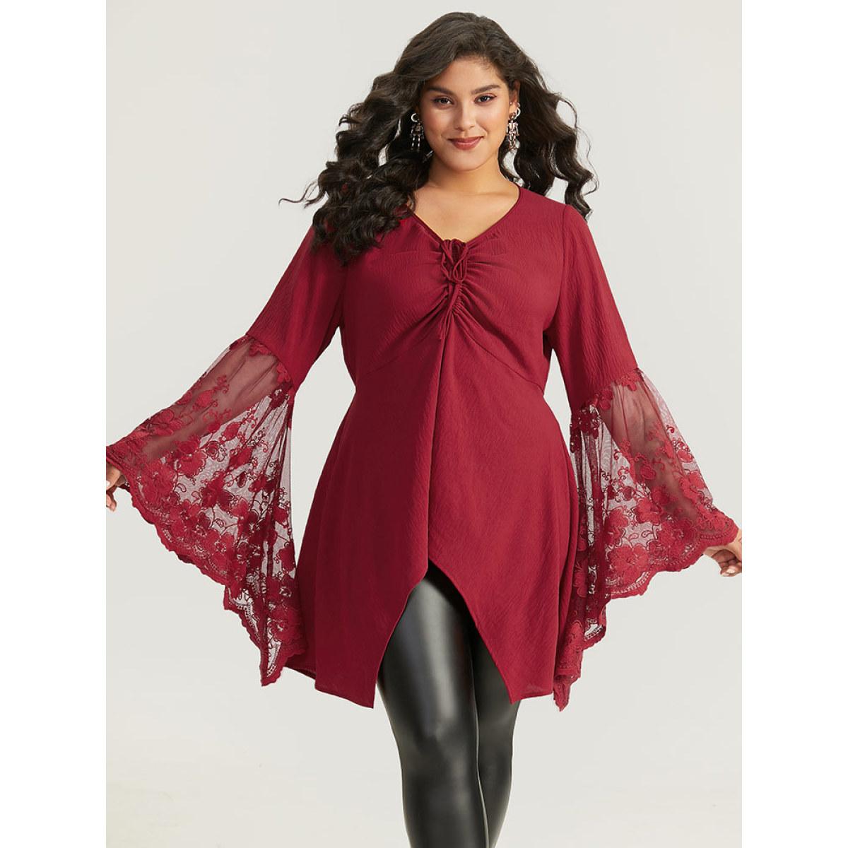 Plus Size Scarlet Halloween Solid Mesh Bell Sleeve Ruched Bowknot Blouse Women Elegant Long Sleeve V-neck Festival-Halloween Blouses BloomChic 28/5X Product Image