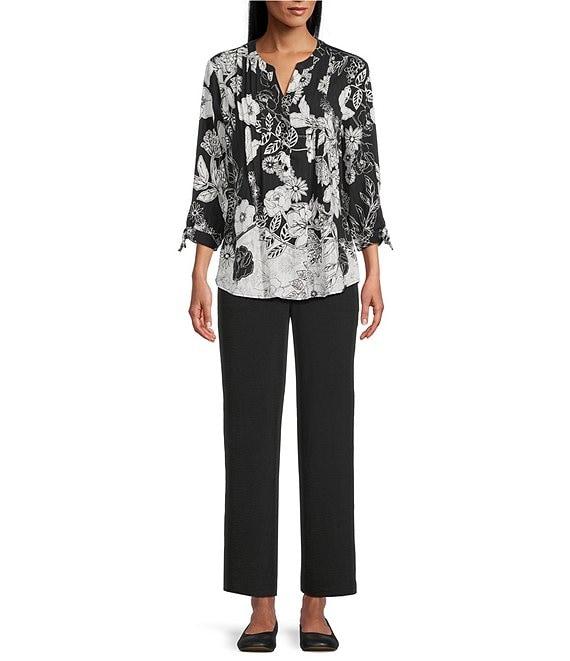 Allison Daley Floral Slope Border Print 3/4 Sleeve Y-Neck Blouse Product Image