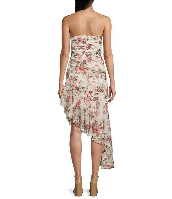 Honey and Rosie Floral Sequin Strapless Sleeveless Wide Ruffle Shirred Dress Product Image