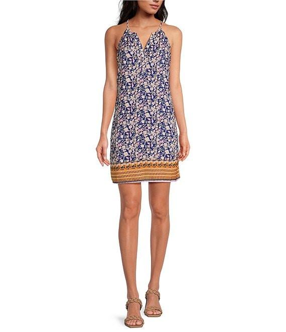 Skies Are Blue Border Floral Print Halter Split-Neck Sleeveless Shift Dress Product Image