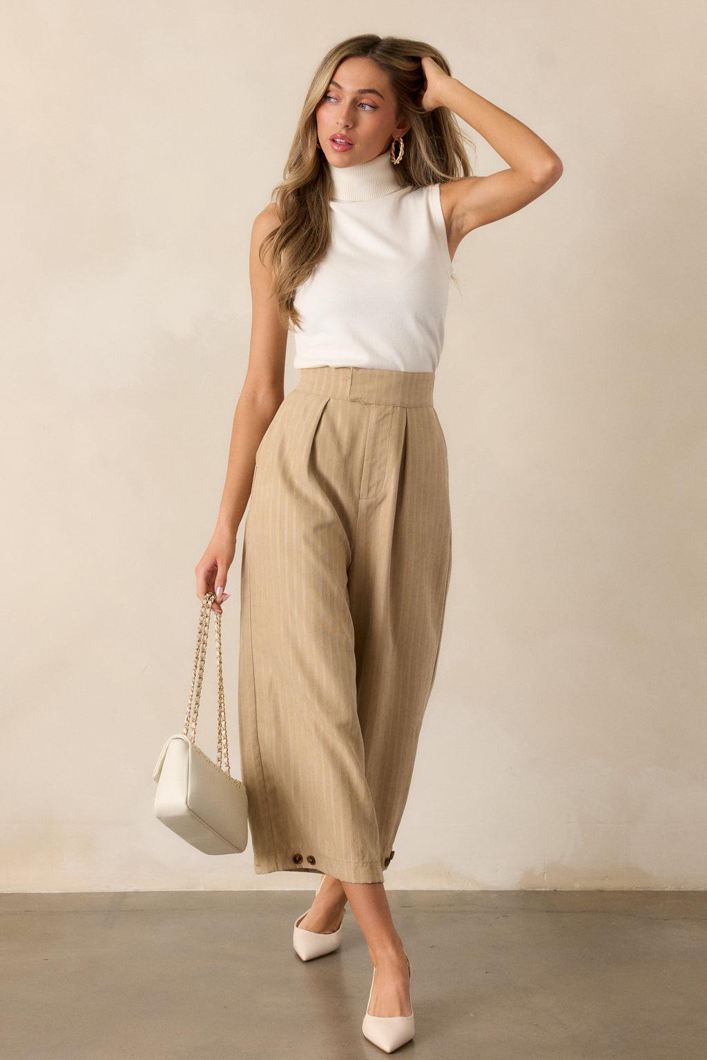 Get With It Tan Pinstripe Cropped Wide Leg Pants Product Image