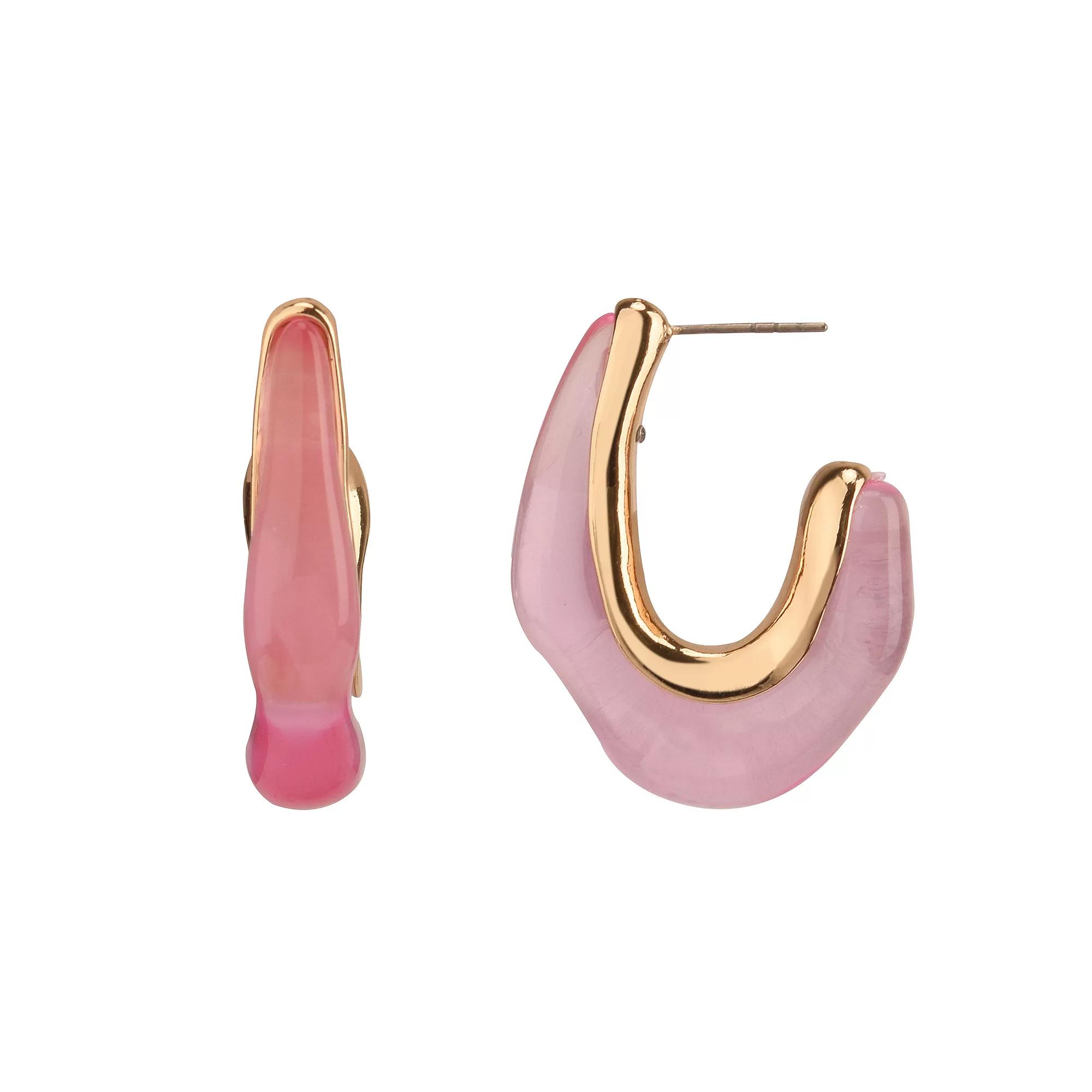 Women's Gold Tone and Pink Acrylic Post Hoop Earrings Product Image