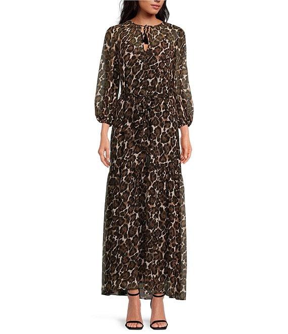 Trina Turk Shalina Crinkle Georgette Leopard Print Split V-Neck 3/4 Sleeve Belted Maxi A-Line Dress Product Image
