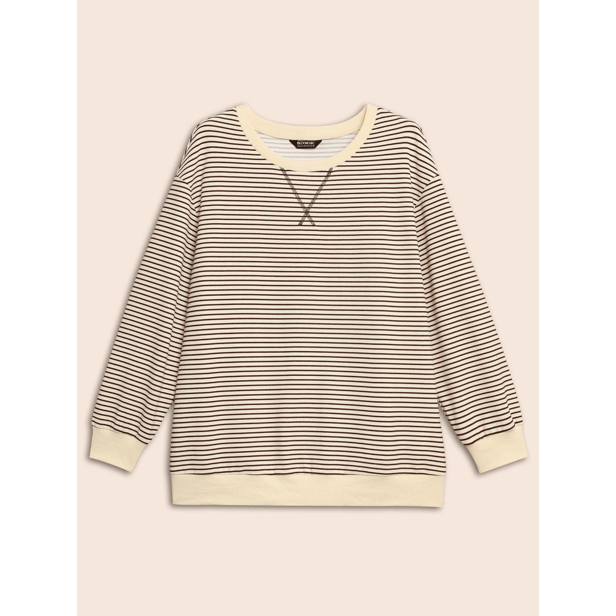 Plus Size Round Neck Striped Stitch Sweatshirt Women DarkBrown Casual Texture Round Neck Everyday Sweatshirts BloomChic 10/M Product Image