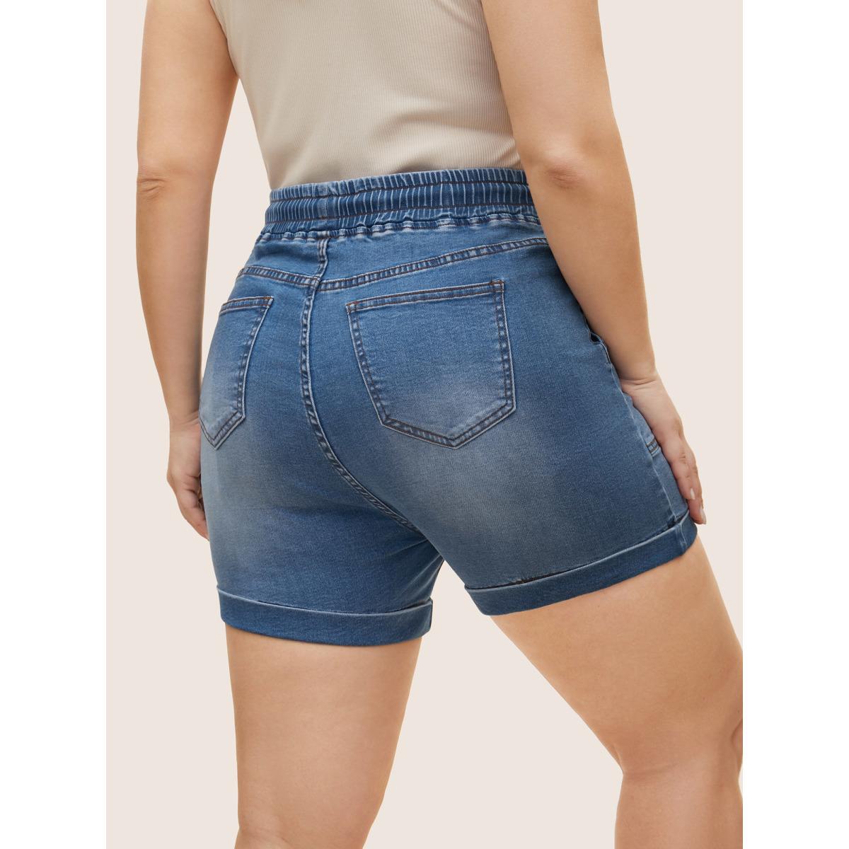 Plus Size Medium Wash Drawstring Roll Hem Denim Shorts Women Midblue Roll Hem High stretch Everyday Slanted pocket Casual Denim Shorts BloomChic 12/L Product Image