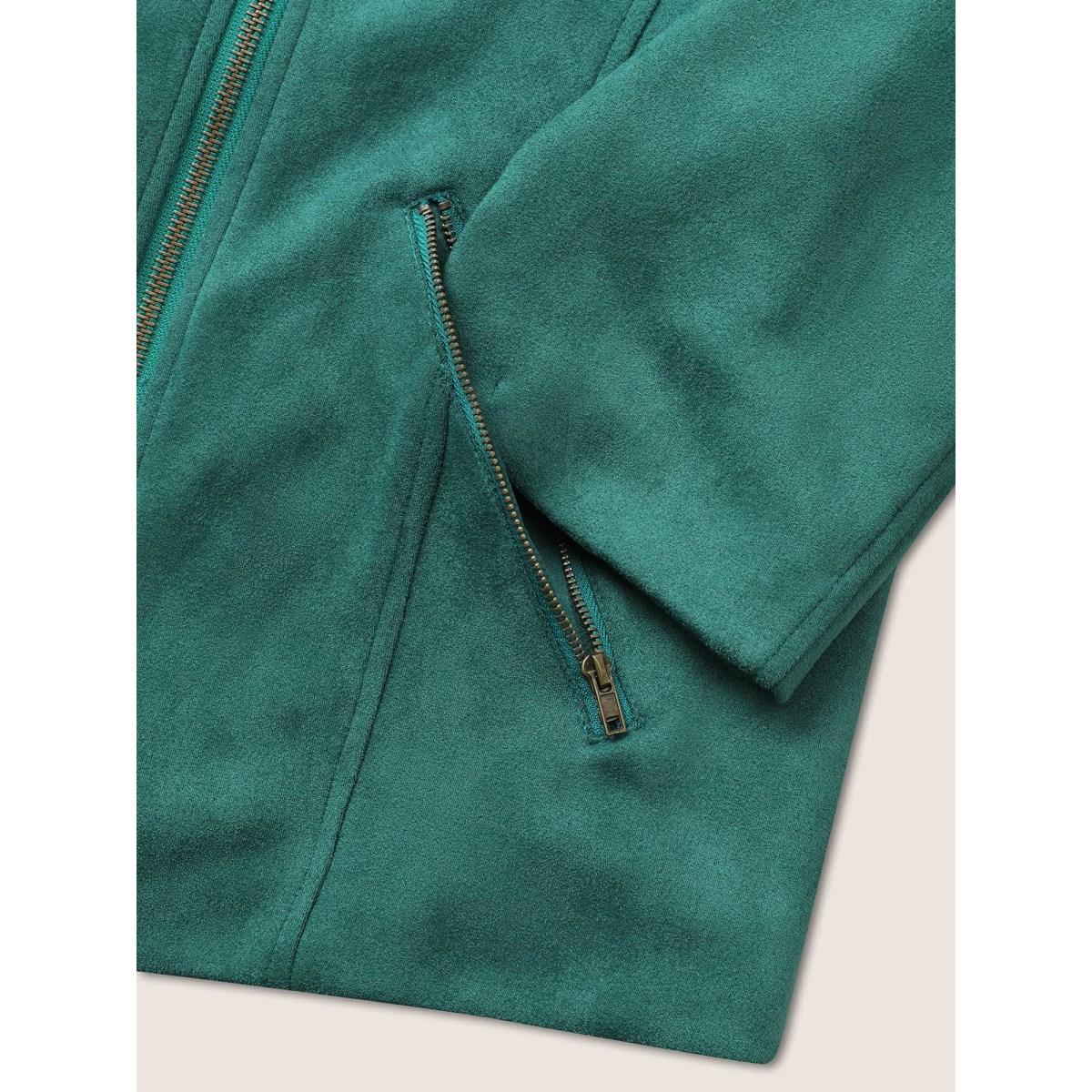 Plus Size Solid Faux Suede Zipper Lapel Collar Jacket Women Emerald Non Zippered pocket Everyday Jackets BloomChic 18-20/2X Product Image