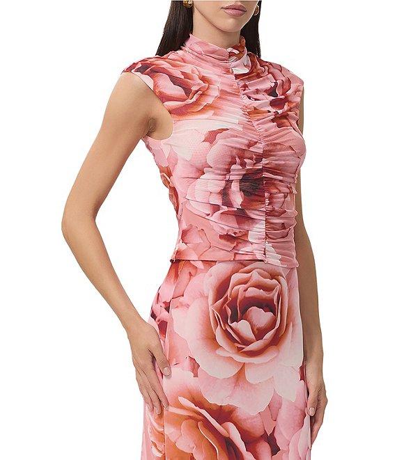 AFRM Jolie Coordinating Floral Print Mock Neck Mesh Cap Sleeve Ruched Top Product Image