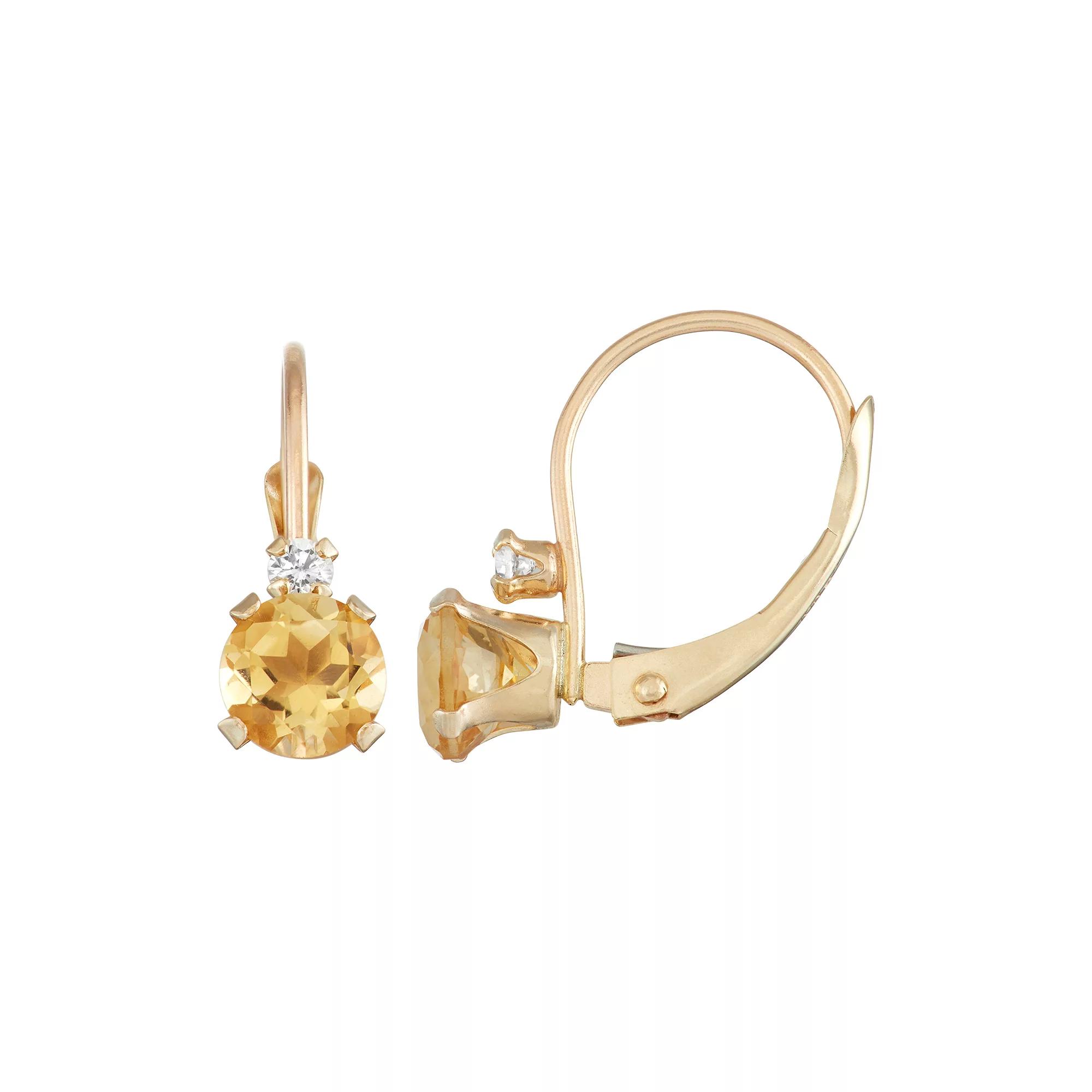 Designs by Gioelli 10k Gold Round-Cut Citrine & White Zircon Leverback Earrings, Women's, Yellow Product Image