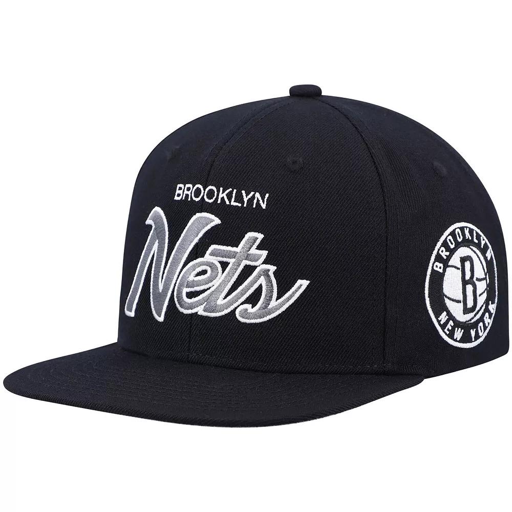 Men's Mitchell & Ness Black Brooklyn Nets Hardwood Classics Script 2.0 Snapback Hat Product Image
