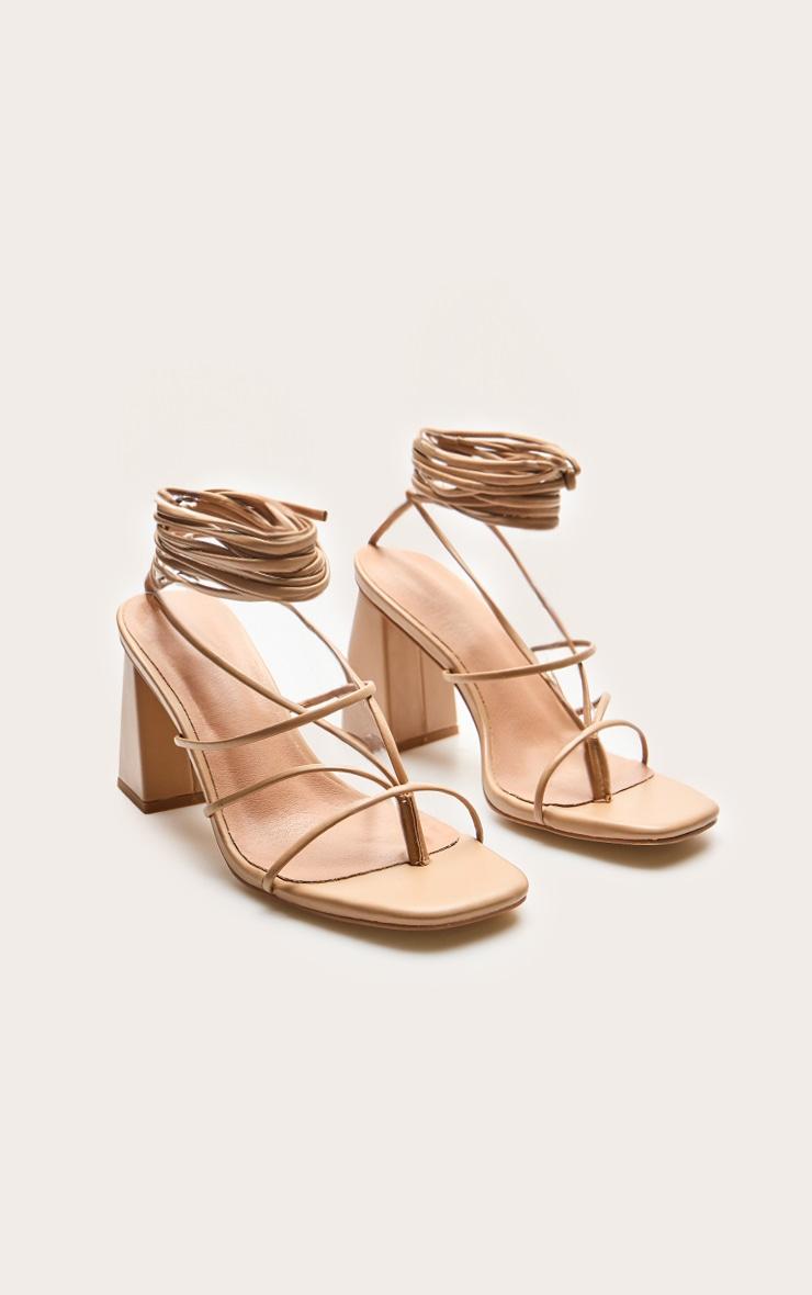 Nude Pu Square Toe Thong Strappy Lace Up Block Heeled Sandals Product Image