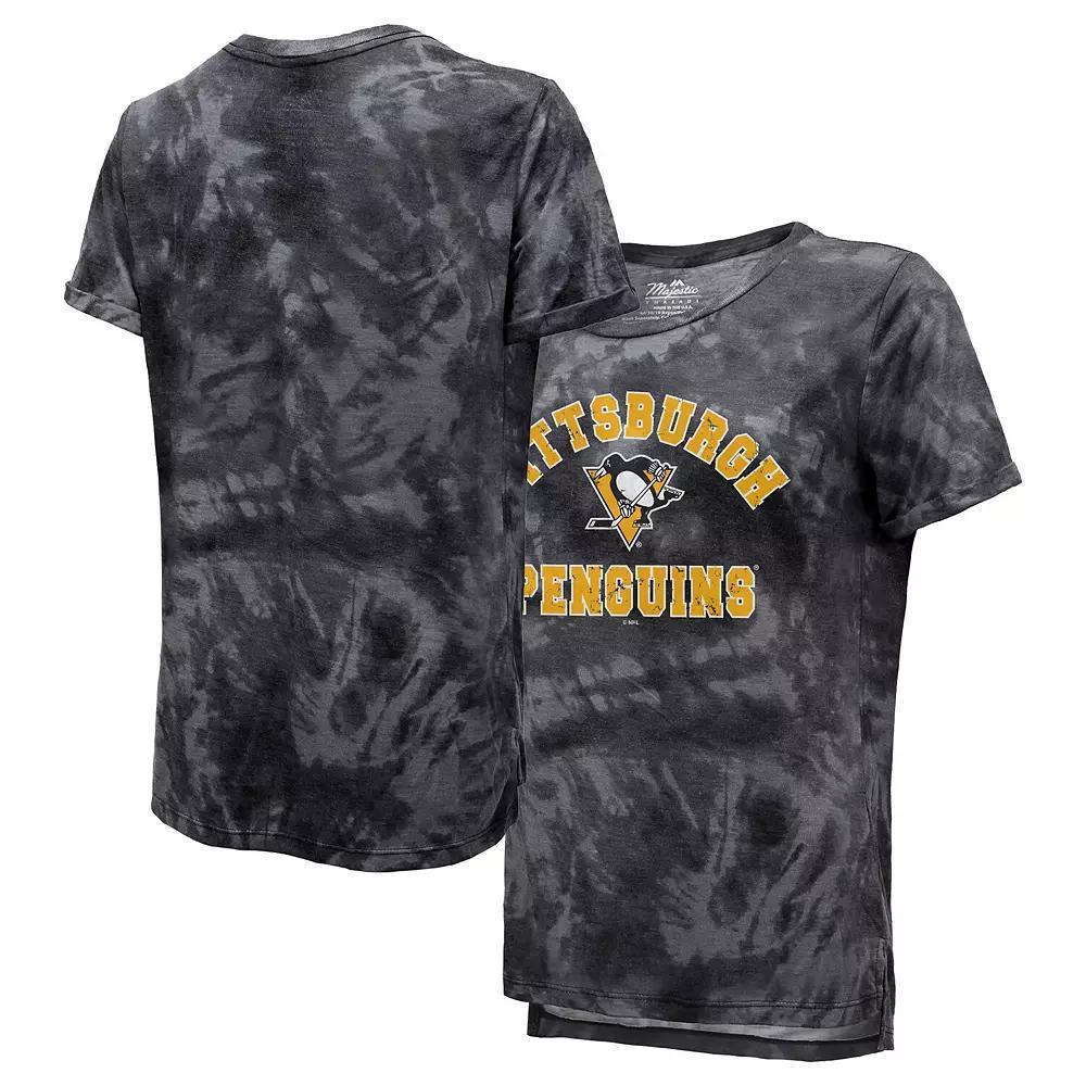 Women's Majestic Threads Black Pittsburgh Penguins Boyfriend Tie-Dye Tri-Blend T-Shirt,  Product Image