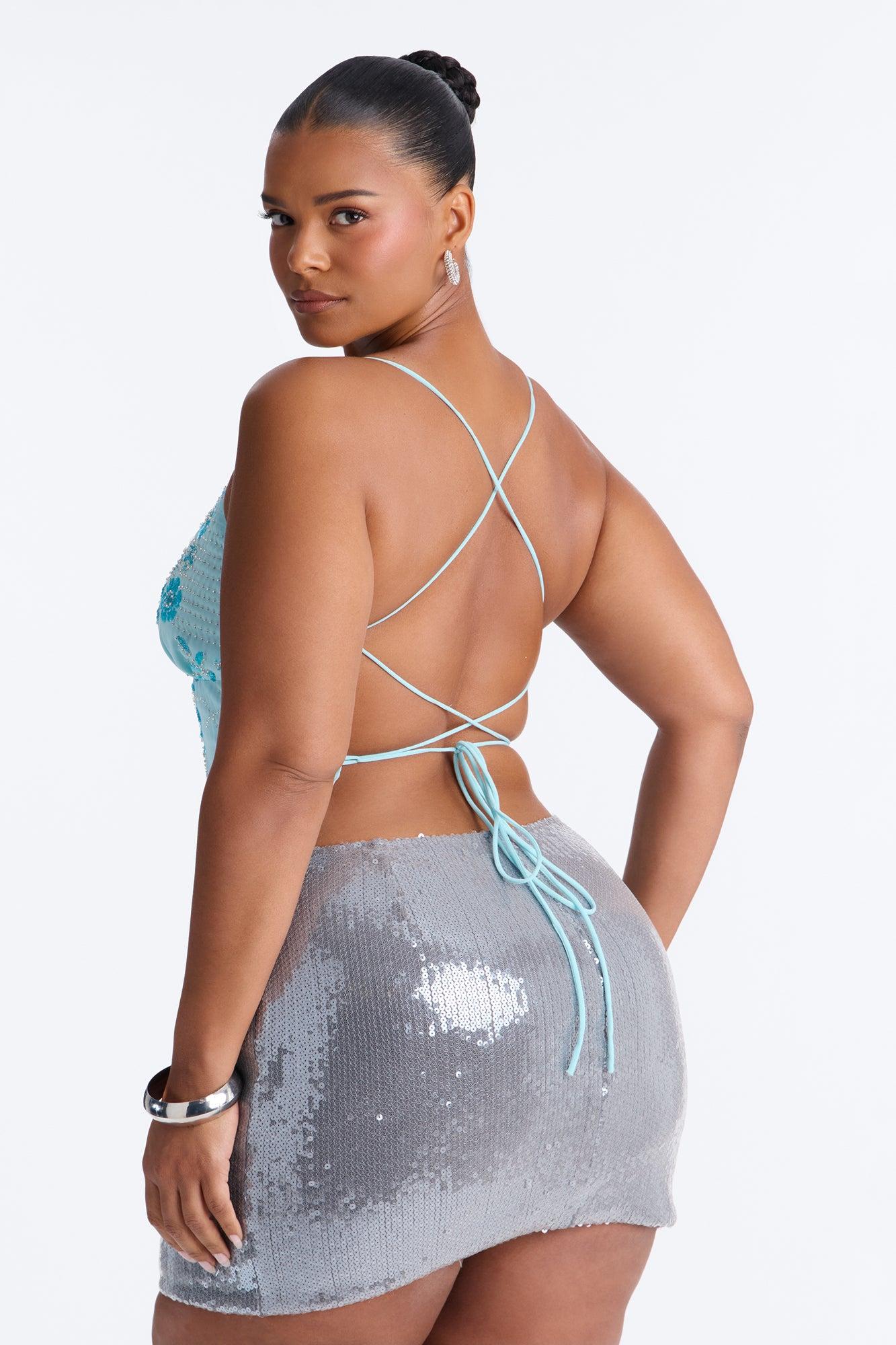 Catch Me Front Row Sequin Strappy Back Top - Light Blue Female Product Image