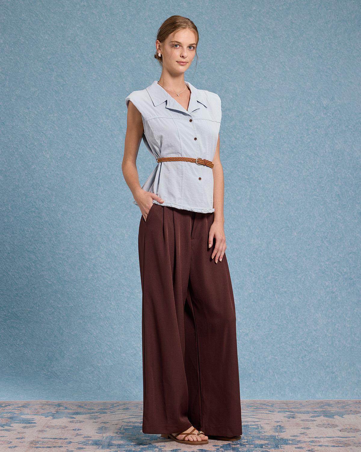 Blue Belted Sleeveless Blouse Product Image