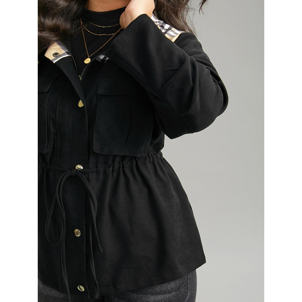 Plus Size Plaid Patchwork Drawstring Zipper Fly Flap Pocket Coat Women Black Casual Contrast Ladies Everyday Winter Coats BloomChic 28/5X Product Image