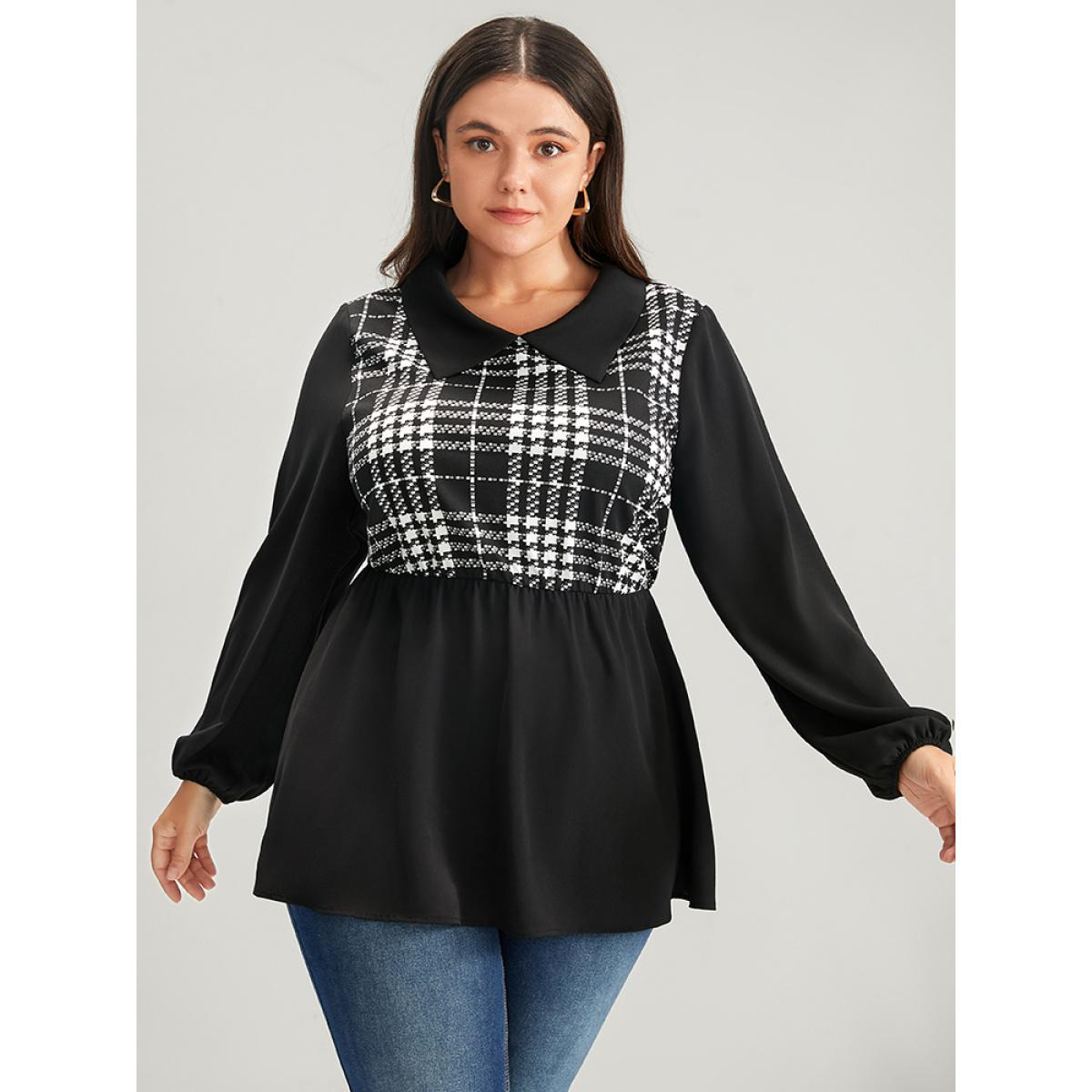 Plus Size Black Plaid Patchwork Lantern Sleeve Ruffle Hem Blouse Women Office Long Sleeve Lapel Collar Work Blouses BloomChic 14-16/1X Product Image