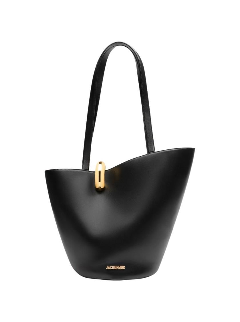 JACQUEMUS The Medium Bambola Asymmetric Leather Bucket Bag In Black 990 Product Image
