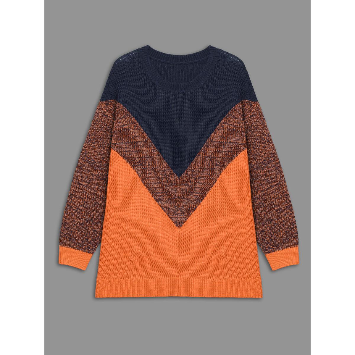 Plus Size Textured Balloon Sleeves Color Block Pullover Indigo Women Casual Loose Long Sleeve Round Neck Everyday Pullovers BloomChic 30/6X Product Image