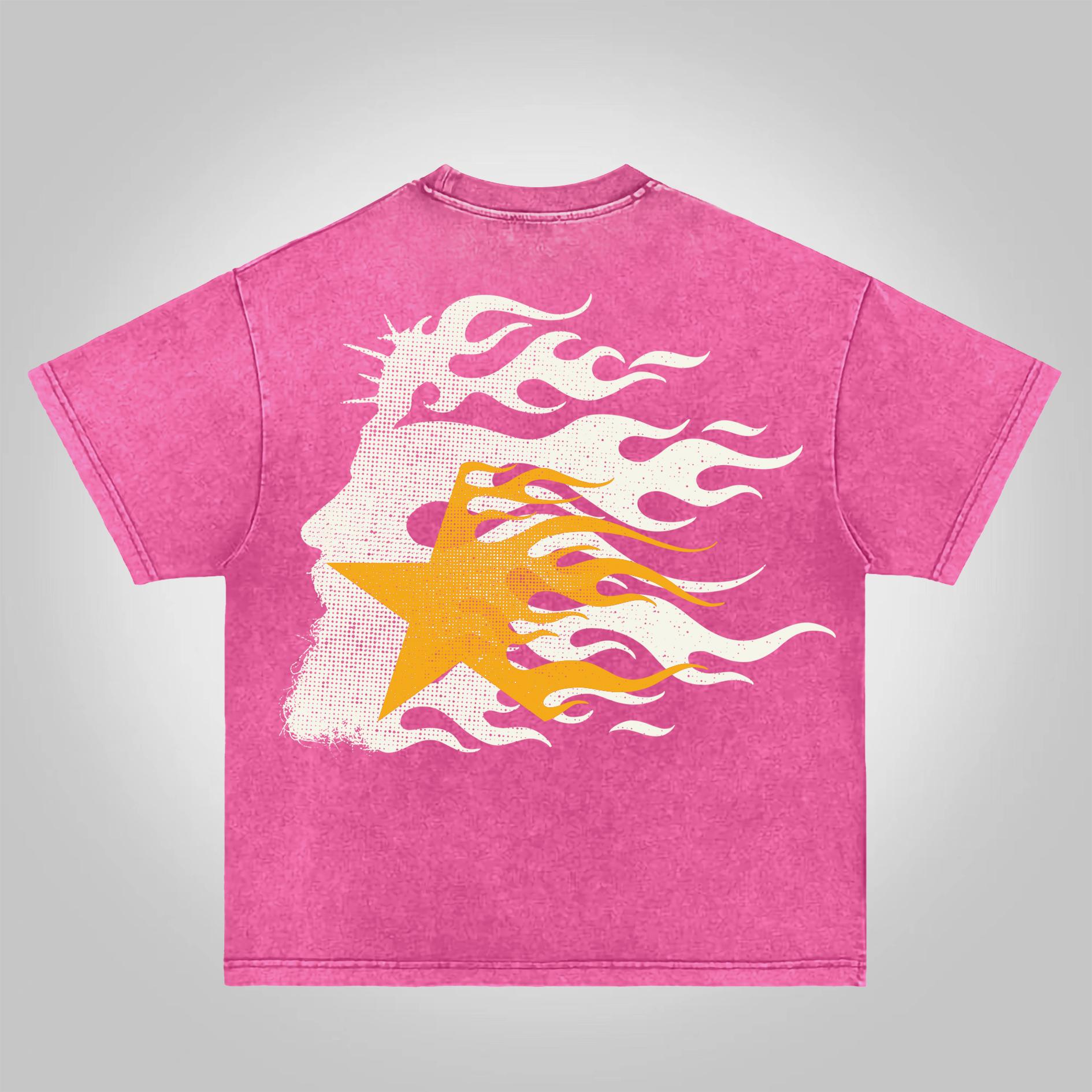 Fashionable Retro Flame Jesus Silhouette Network Acid Wash T-shirt Product Image