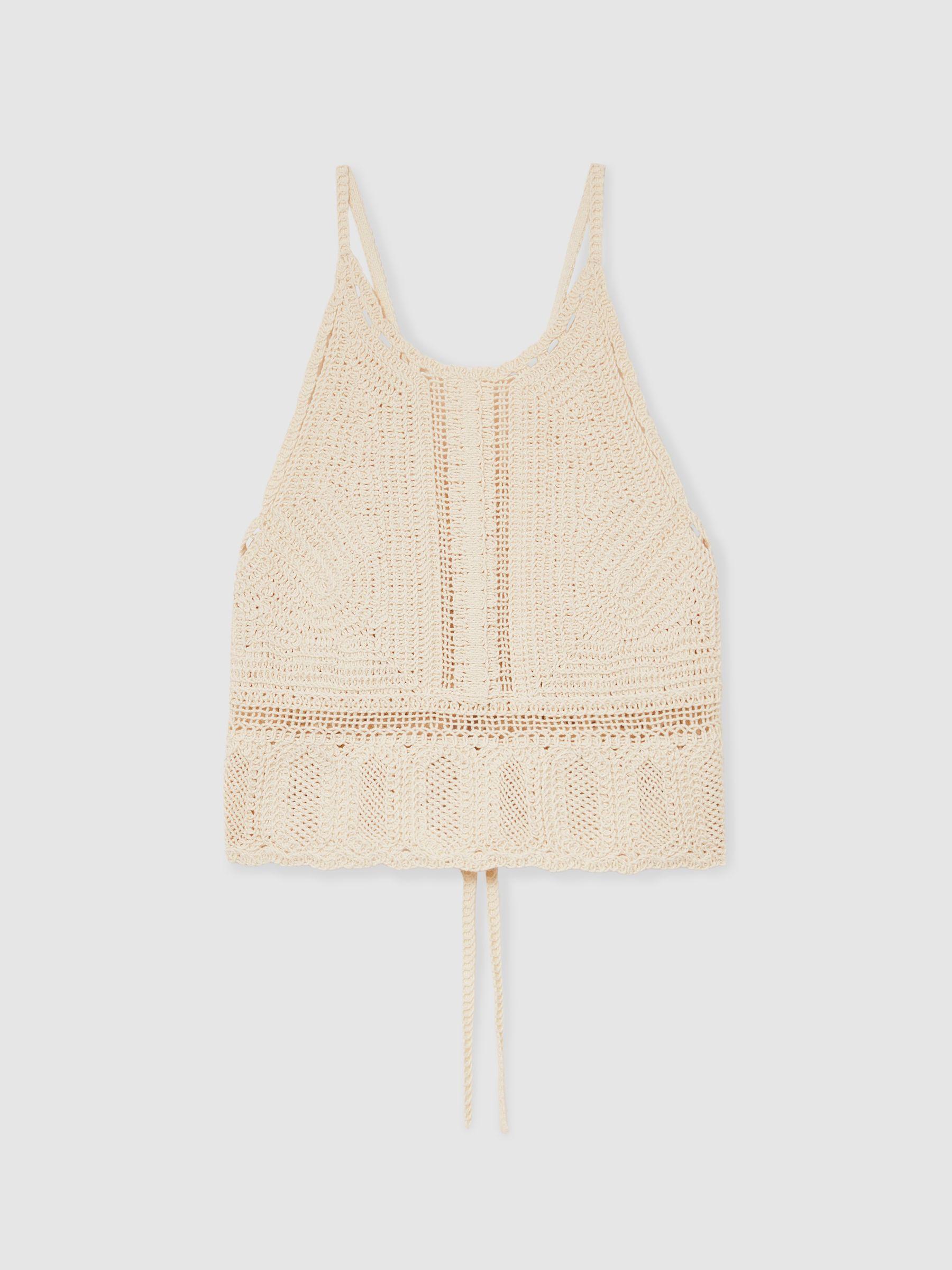 Cotton Crochet Tie-Back Cropped Top in Cream Product Image