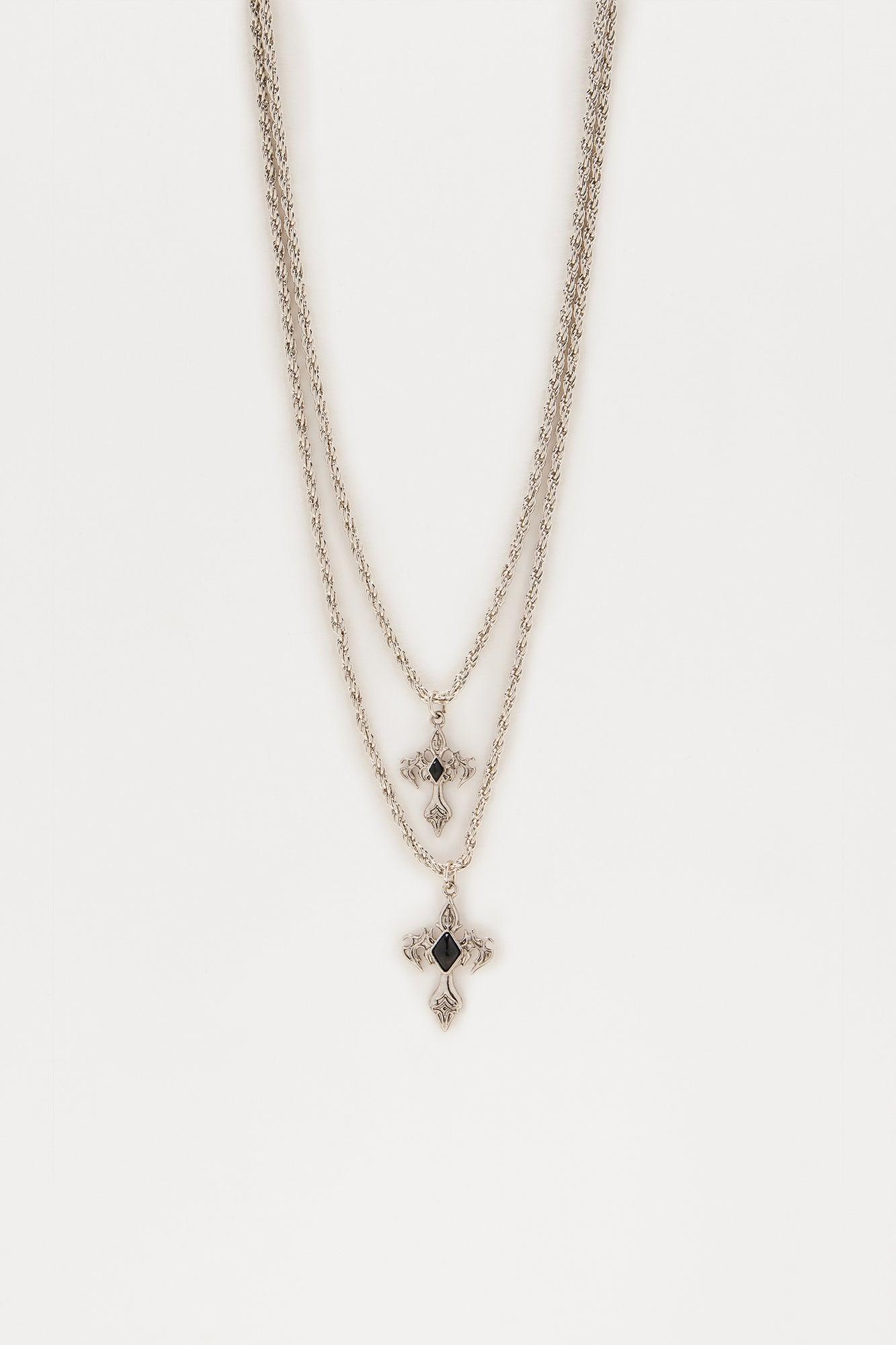 Silken Double Cross Necklace Set - Silver Product Image