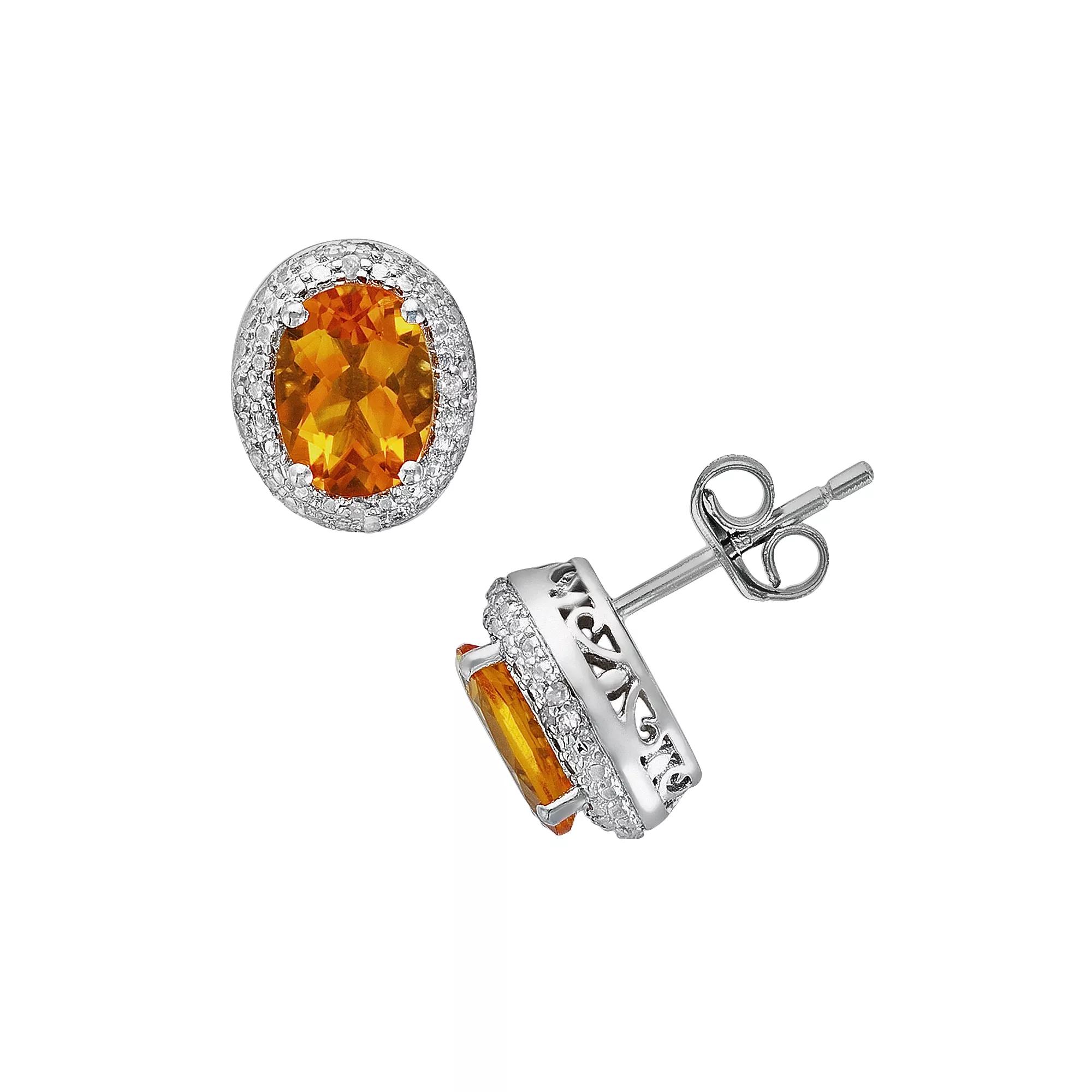 Oro Leoni Sterling Silver Citrine and Diamond Accent Oval Frame Stud Earrings, Women's, Orange Product Image