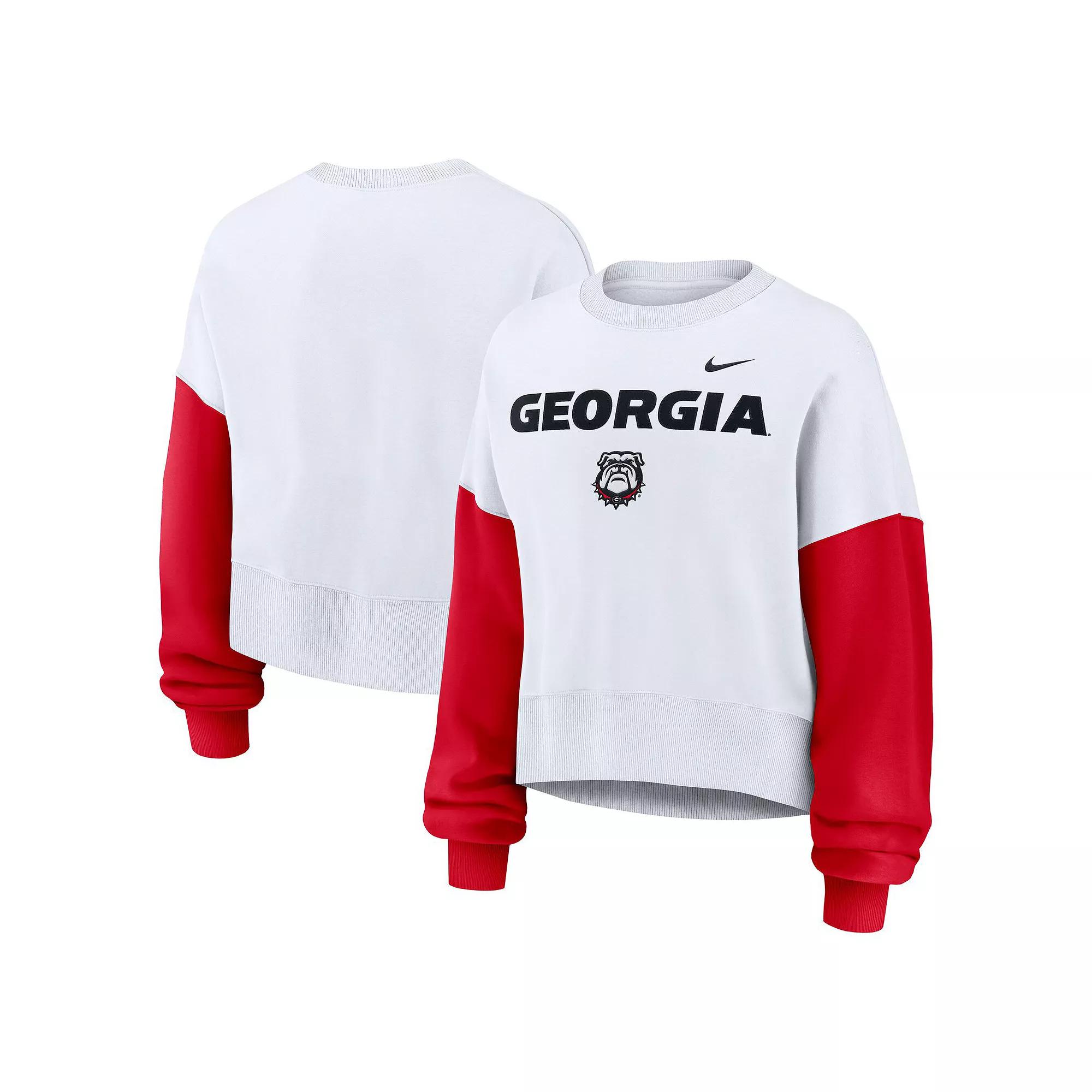 Women's Nike White Georgia Bulldogs Color-Block Oversized Cropped Pullover Sweatshirt, Size: Large Product Image
