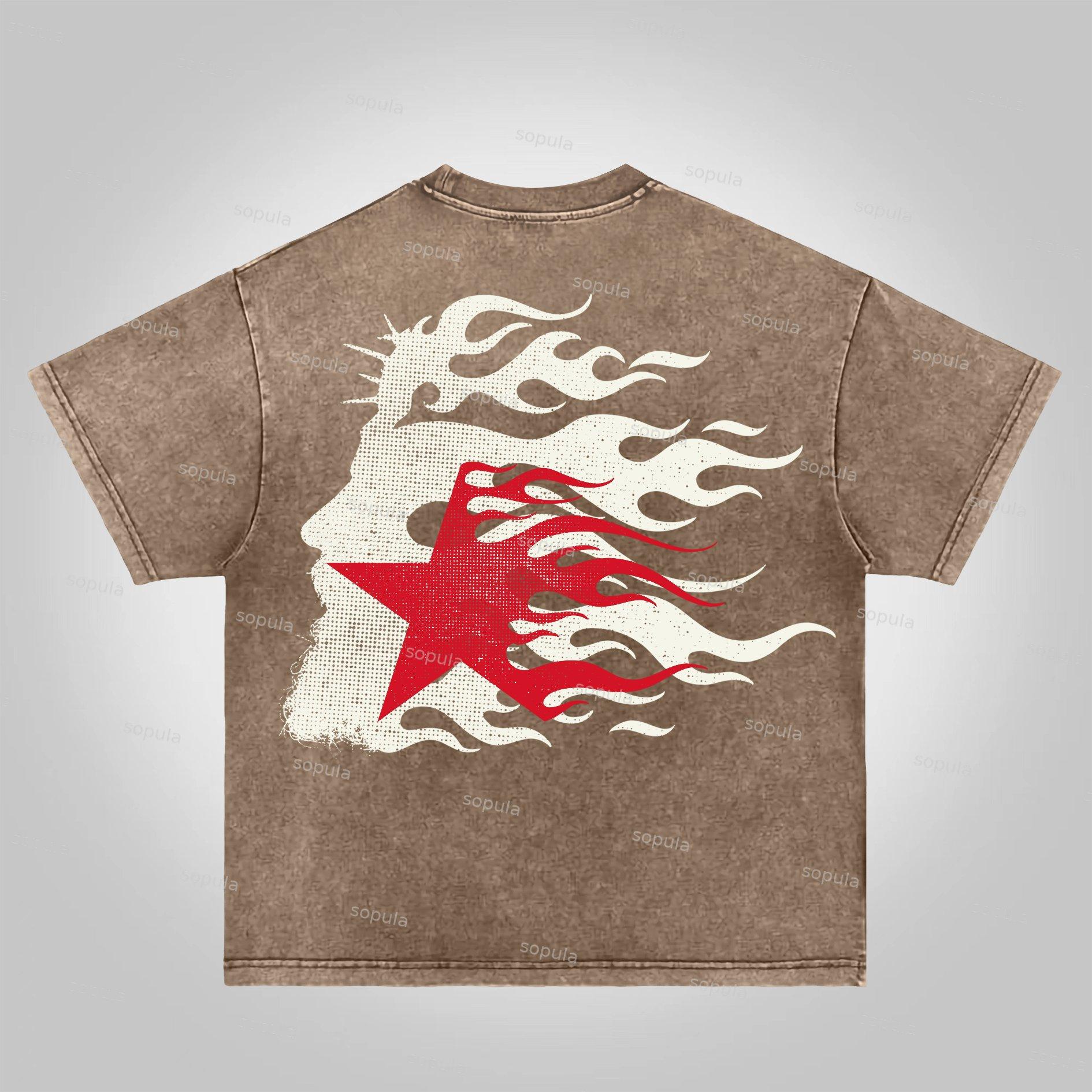 Fashionable Retro Flame Jesus Silhouette Network Acid Wash T-shirt Product Image