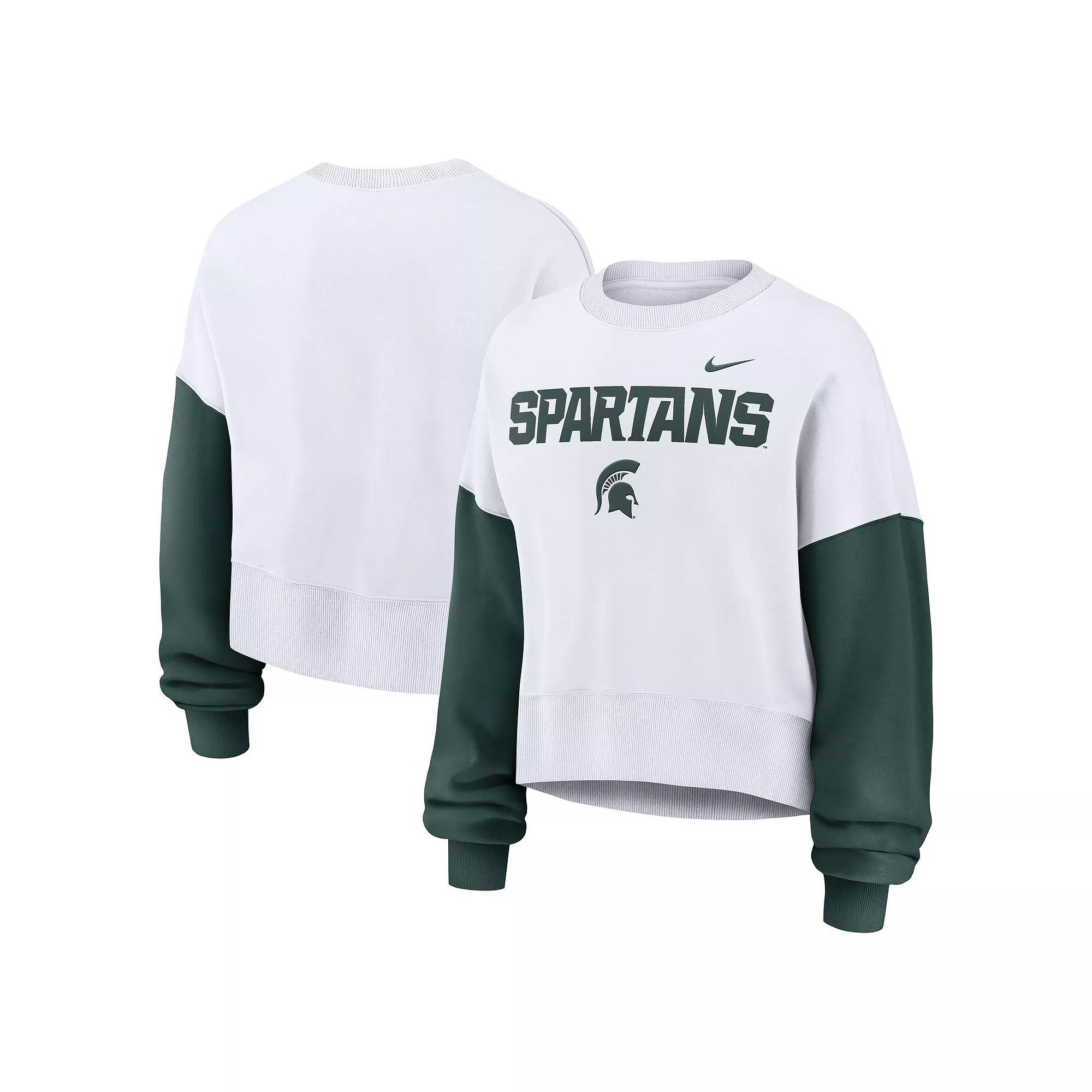 Women's Nike White Michigan State Spartans Color-Block Oversized Cropped Pullover Sweatshirt, Size: Small Product Image