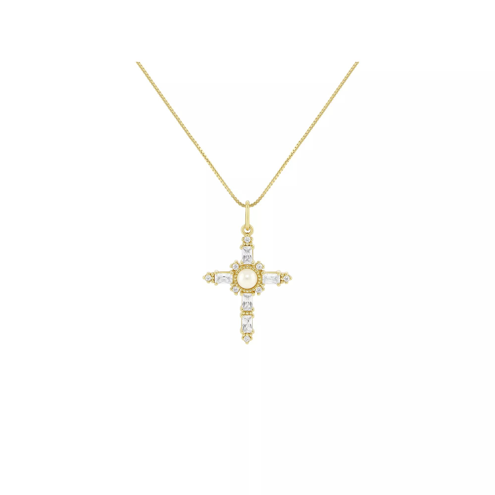 PRIMROSE Sterling Silver Simulated Pearl & Pave Cubic Zirconia Cross Box Chain Pendant Necklace, Women's, Size: 18", Gold Tone Product Image