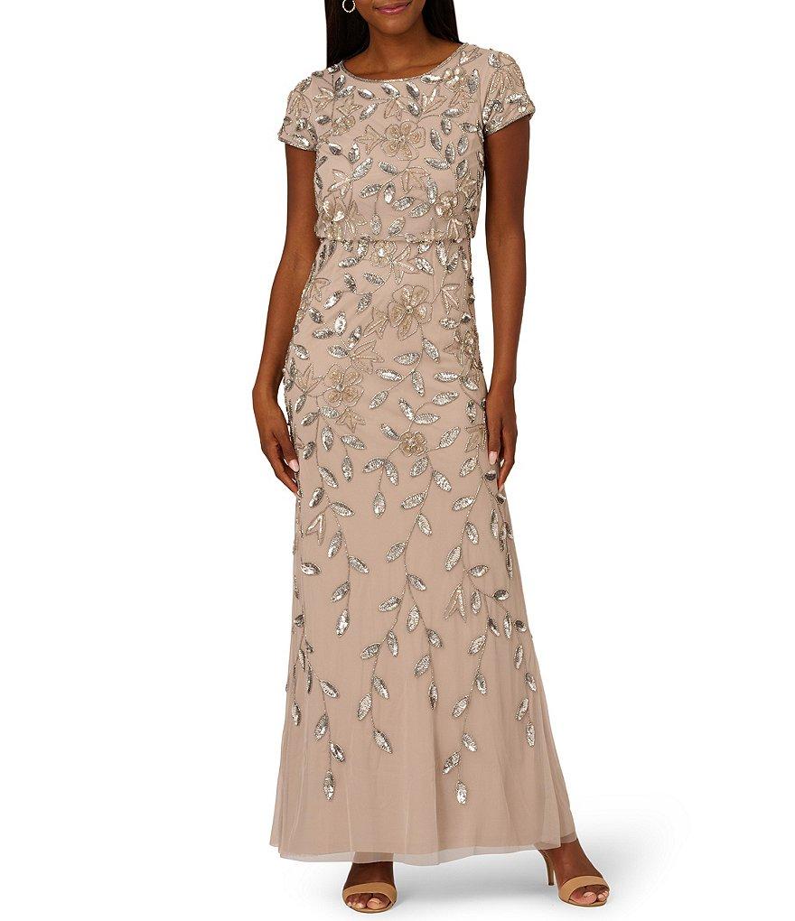 Adrianna Papell Beaded Mesh Crew Neck Short Sleeve Blouson Long Dress Product Image