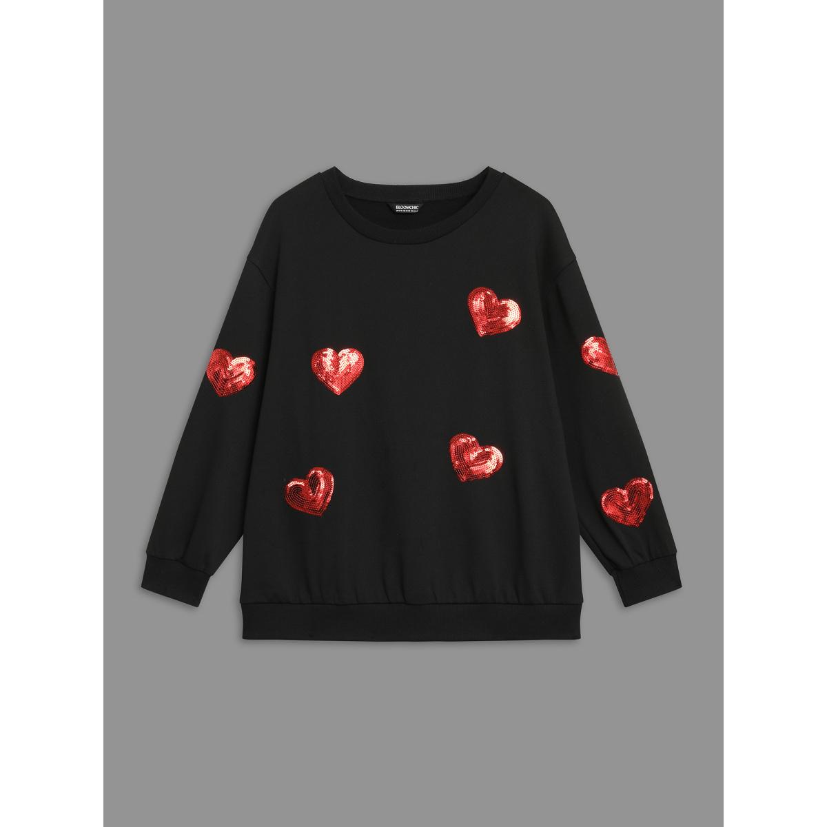 Plus Size Sequin Heart Embellished Puffy Sleeves Sweatshirt Women Black Casual Round Neck Everyday Sweatshirts BloomChic 18-20/2X Product Image