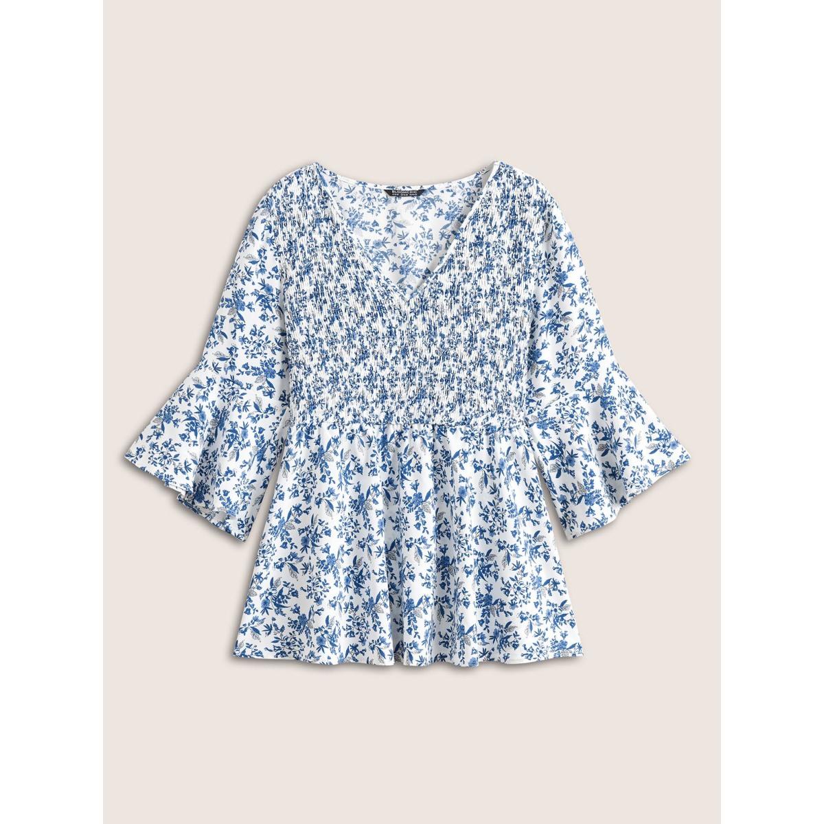 Plus Size White Ditsy Floral Shirred Ruffle Sleeve Blouse Women Elegant Elbow-length sleeve V-neck Everyday Blouses BloomChic 14-16/1X Product Image