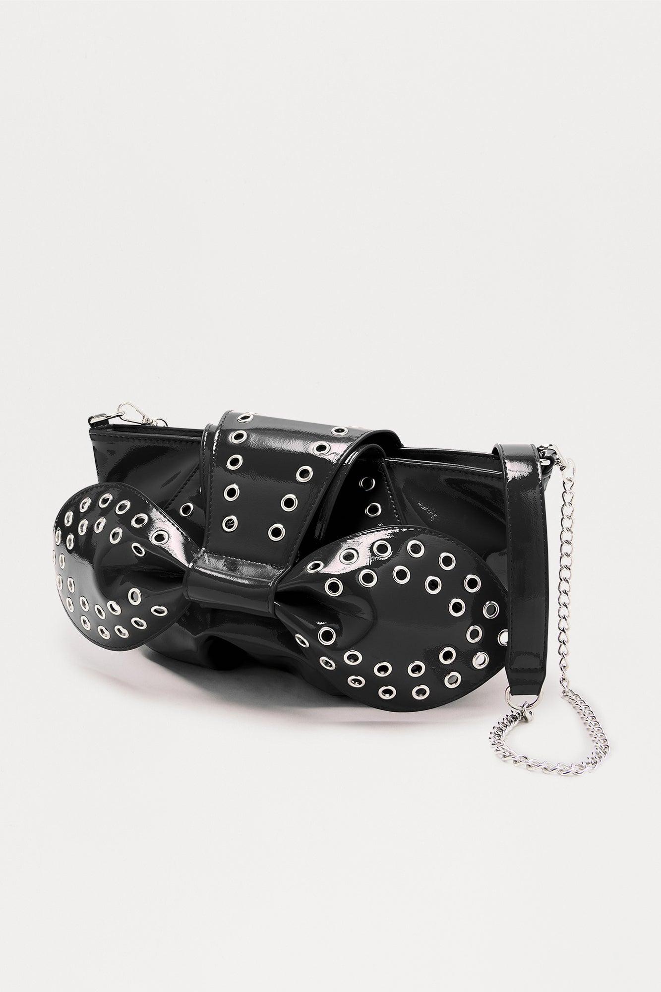 Top Knot Faux Patent Leather Grommet Clutch - Black Female Product Image