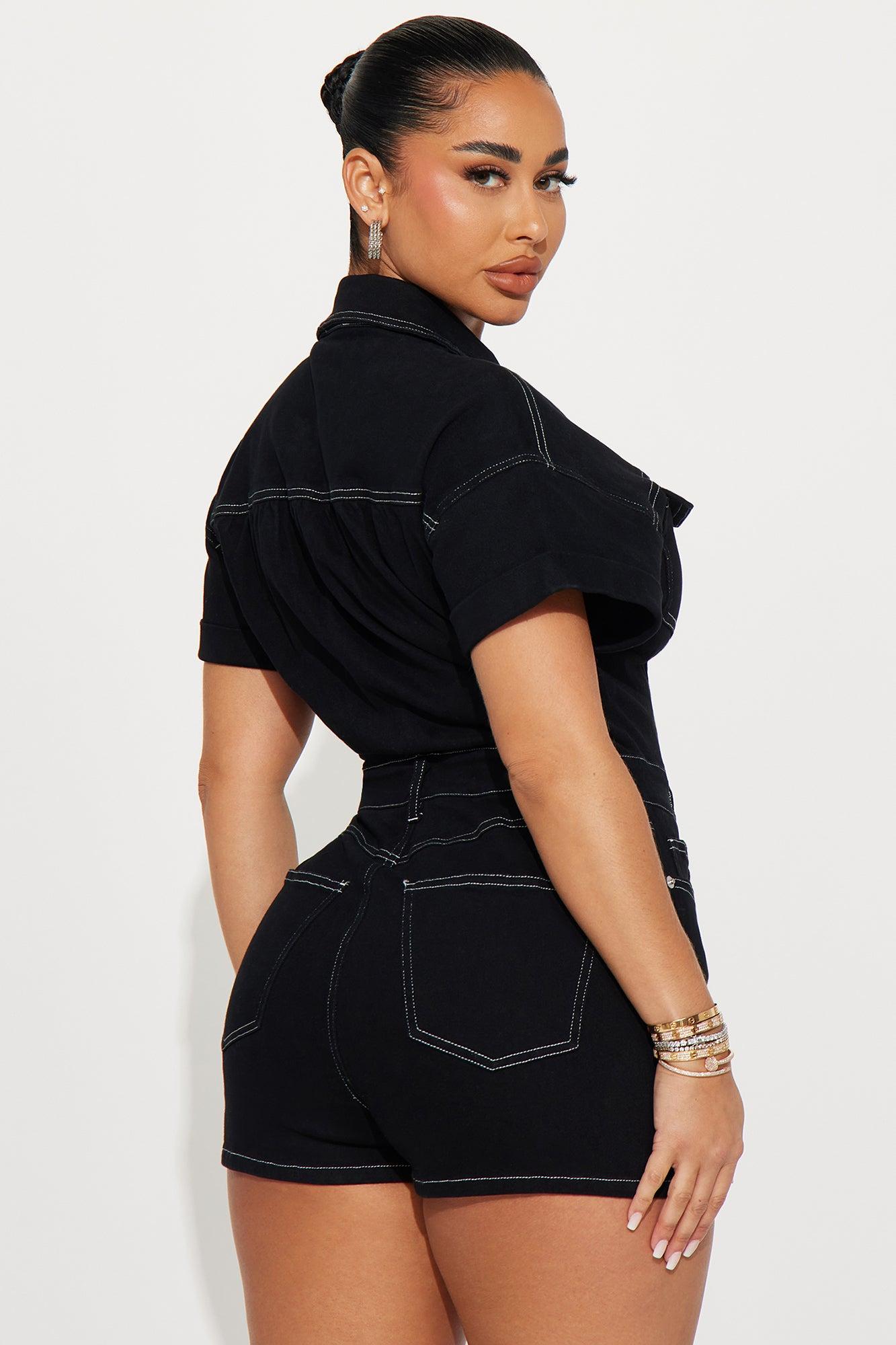 Talk To Me Denim Romper - Black/White Product Image