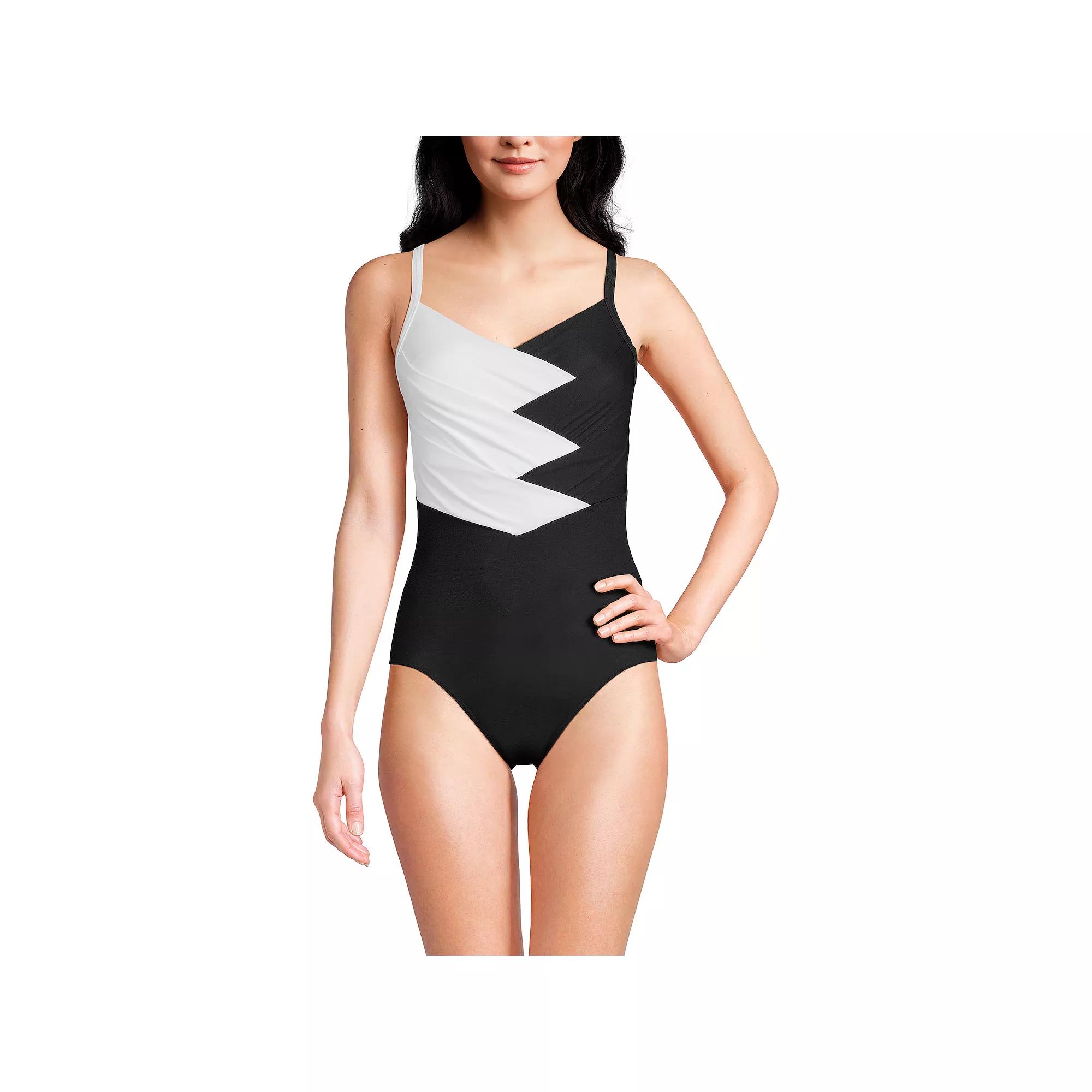 Womens Lands End Slendertex V-Neck Pleated Crossback One-Piece Swimsuit Product Image