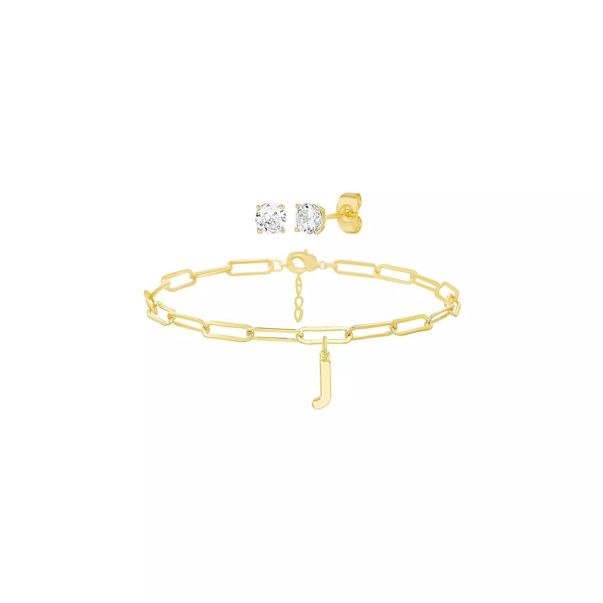 Paige Harper 14k Gold Plated Initial Charm Bracelet & Cubic Zirconia Stud Earring Set, Women's,  Product Image