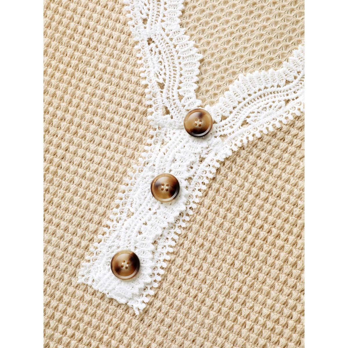 Plus Size Sheer Waffle Textured Lace Trim T-Shirt Beige Women Woven ribbon&lace trim V-neck Everyday-Casual T-shirts BloomChic 22-24/3X Product Image