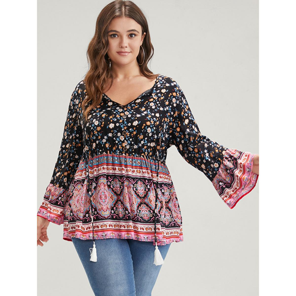 Floral Print Bohemian Plus Size Women Vocation Sundress Tribal Ties Bell Sleeve V Neck Casual Blouses BloomChic Product Image