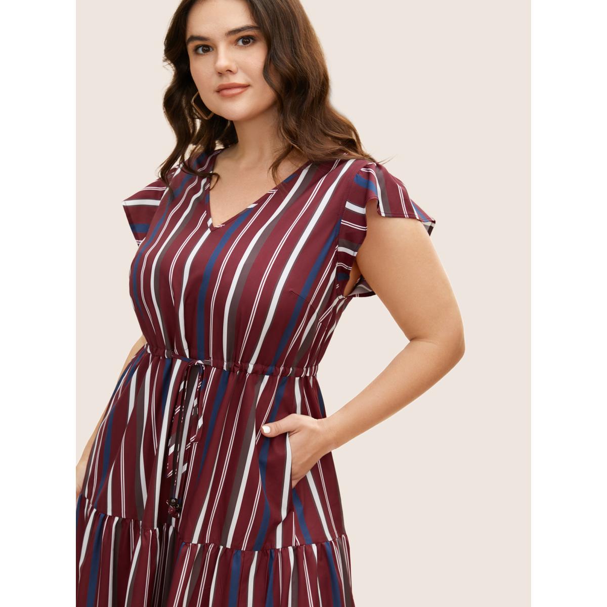 Plus Size Striped Drawstring Ruffle Cap Sleeve Midi Dress Burgundy Women Casual Drawstring V-neck Cap Sleeve Curvy BloomChic 12/L Product Image