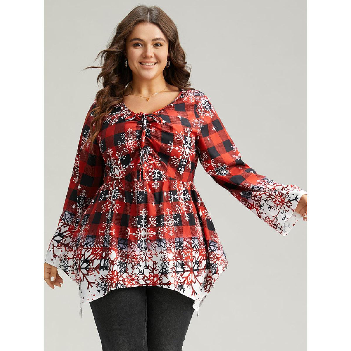Plus Size Scarlet Oh-so-Chilly Plaid Ties Hanky Hem Blouse Women Elegant Long Sleeve V-neck Festival-Christmas Blouses BloomChic 28/5X Product Image