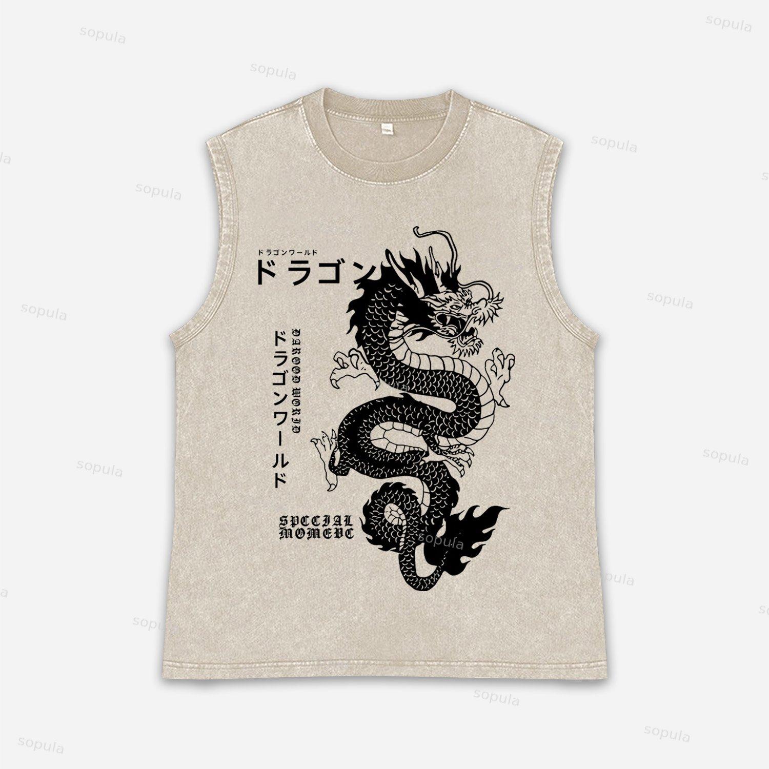 Vintage Japanese Dragon Graphic Acid Washed Tank Tops Product Image