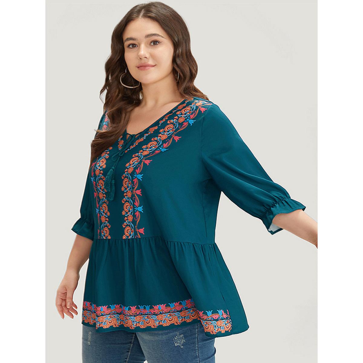 Plus Size Aegean Bandana Print Ties Flutter Trim Gathered Blouse Women Vacation Half Sleeve V-neck Dailywear Blouses BloomChic 28/5X Product Image