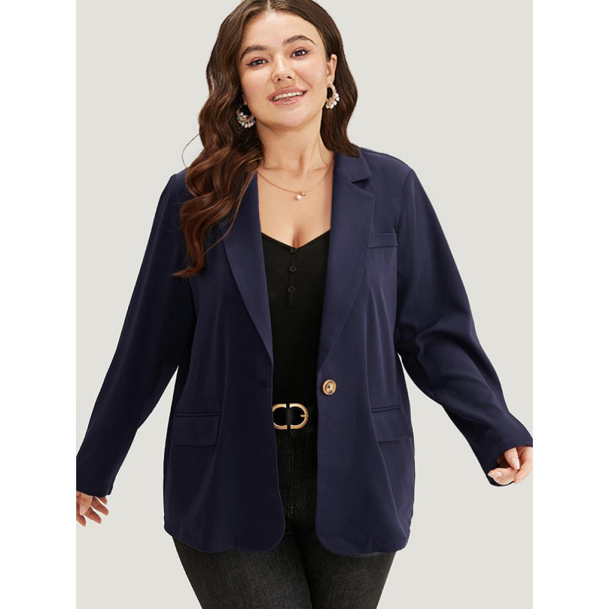 Plus Size Button Through Belted Blazer Indigo Women Dailywear Plain Plain Sleeve Long Sleeve Suit Collar 10/M Pocket Belt Elegant Blazers BloomChic Product Image