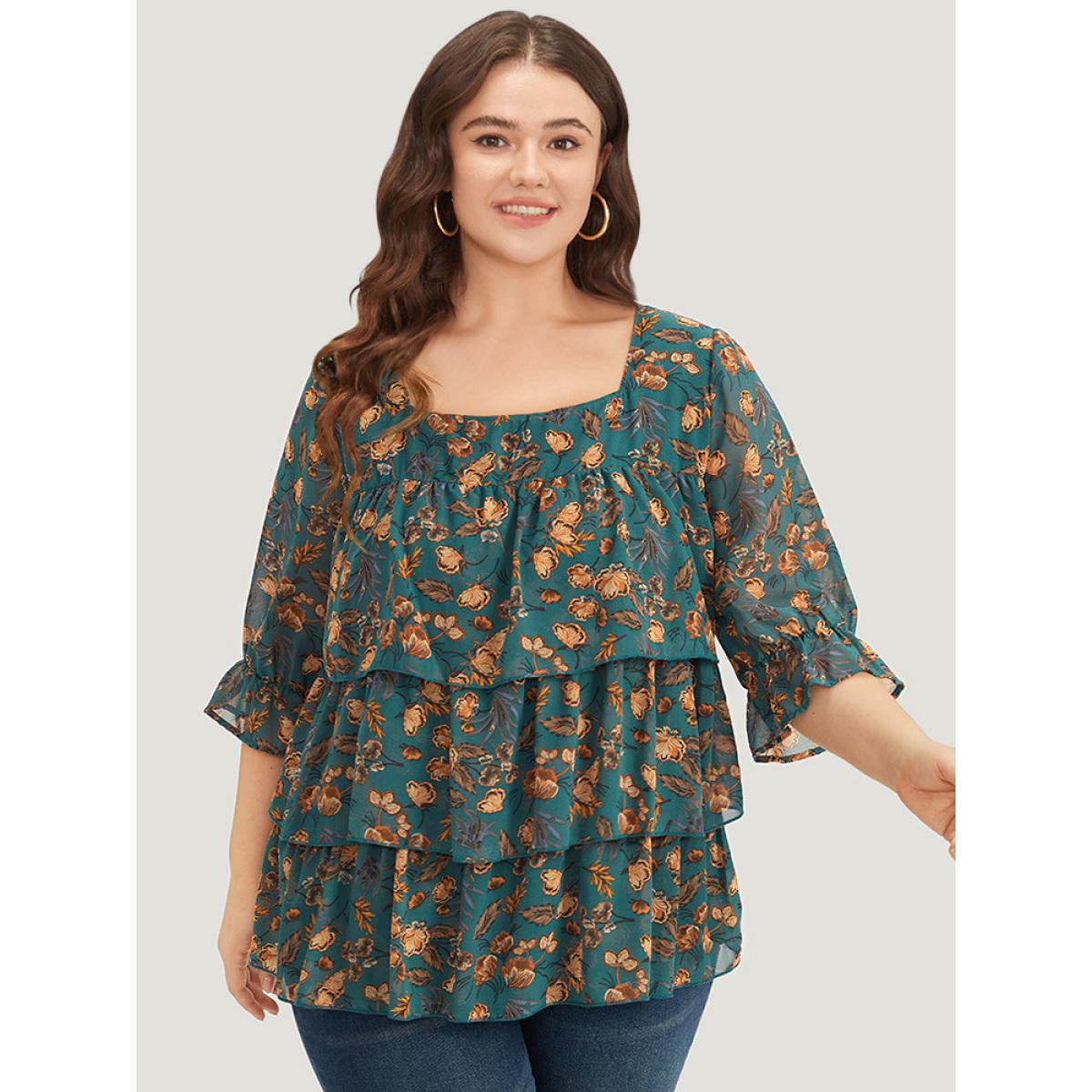 Plus Size Cyan Floral Print Square Neck Layered Ruffle Trim Blouse Women Office Half Sleeve Square Neck Dailywear Blouses BloomChic 12/L Product Image