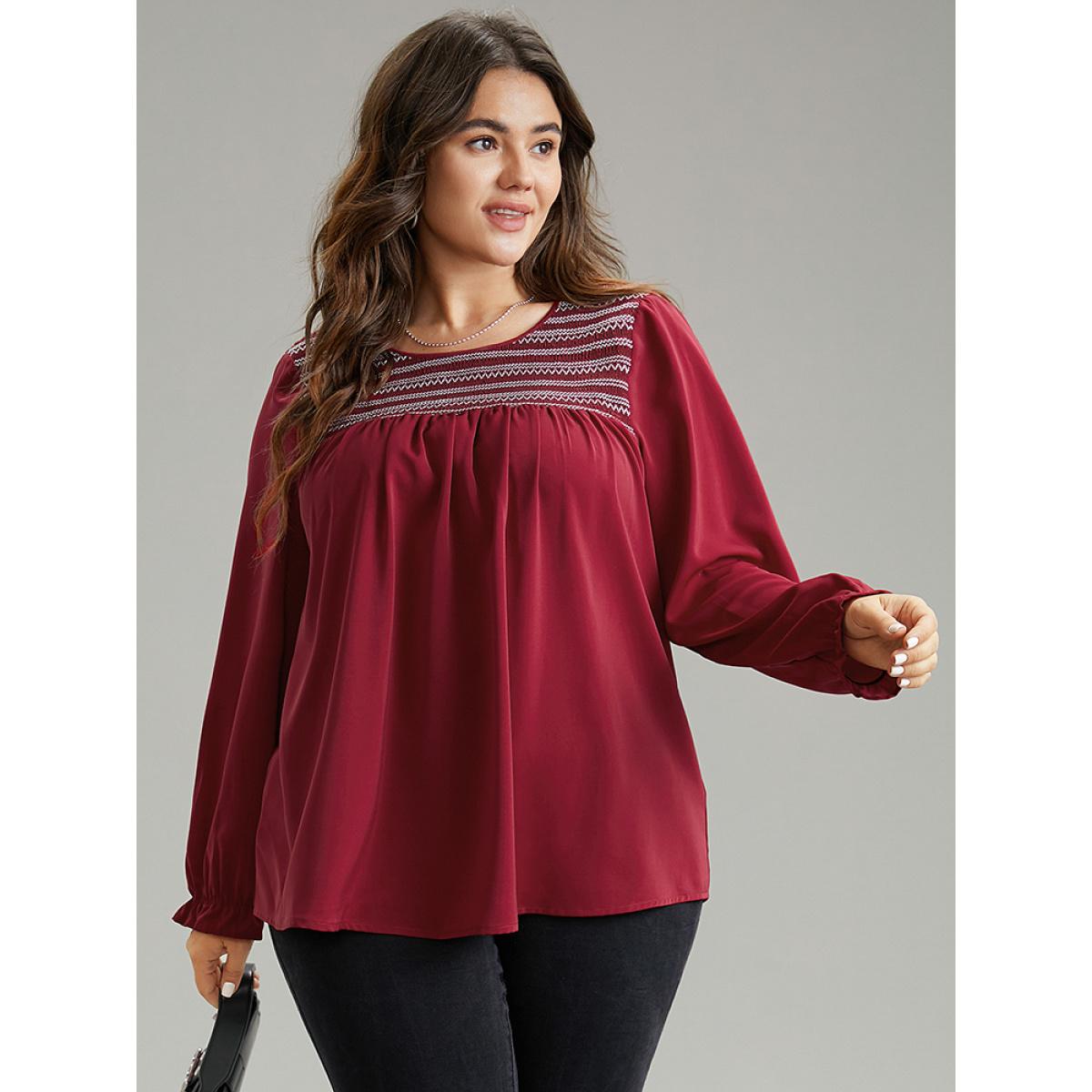 Plus Size Scarlet Contrast Trim Plicated Detail Flutter Sleeve Blouse Women Office Long Sleeve Round Neck Office Blouses BloomChic 30/6X Product Image