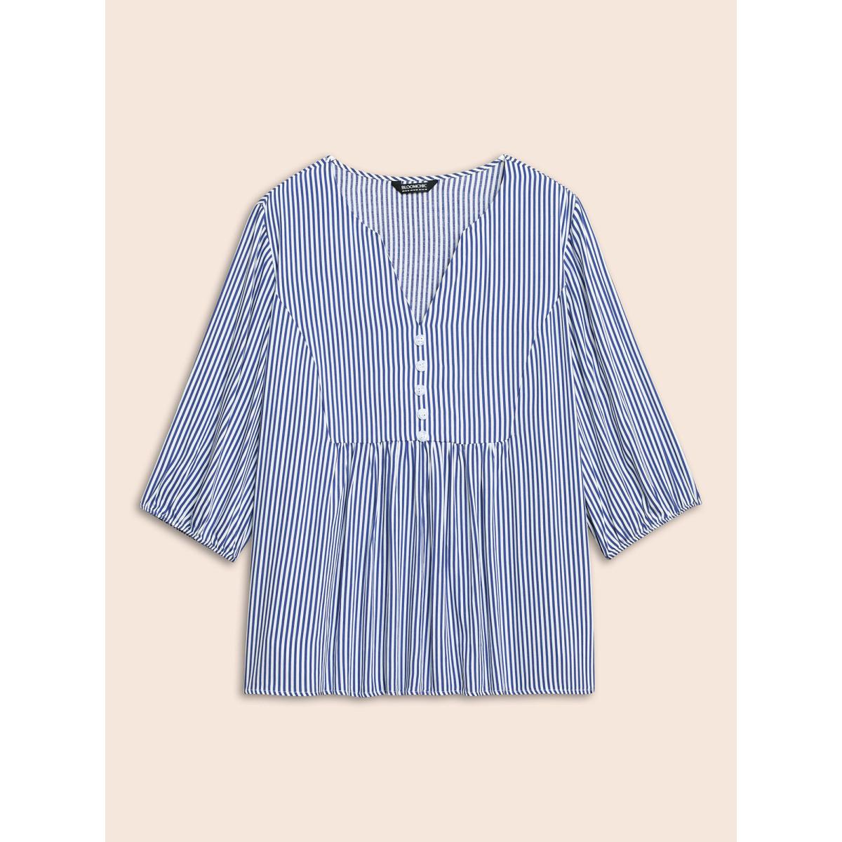 Plus Size Navy Striped Gathered Button Detail Lantern Sleeve Blouse Women Elegant Elbow-length sleeve V-neck Everyday Blouses BloomChic 12/L Product Image