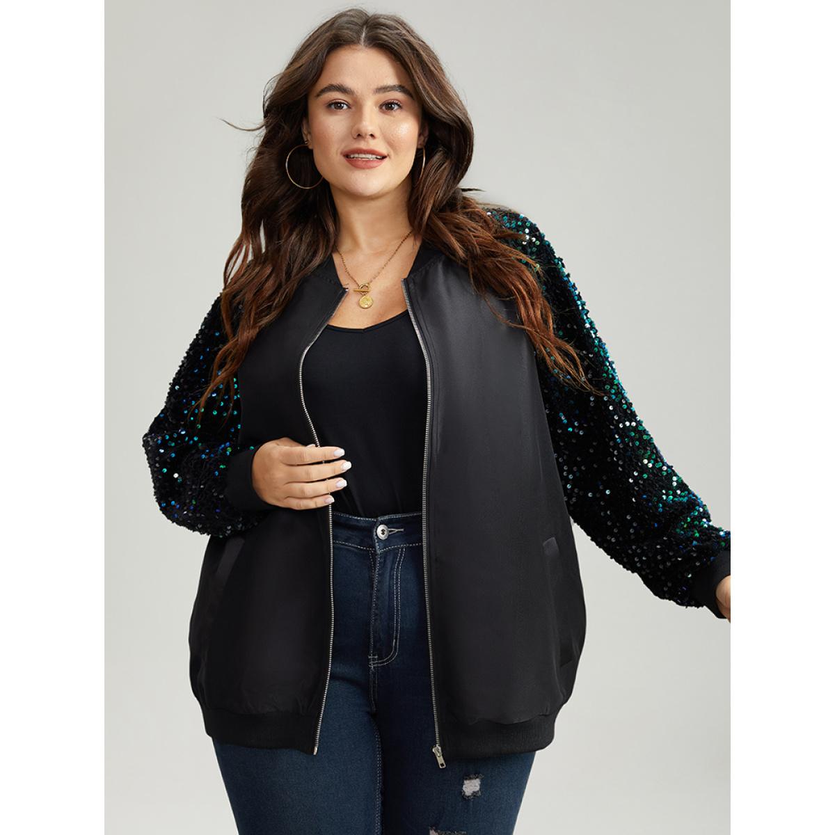Plus Size Sequin Detail Patchwork Pocket Jacket Women Black Elastic cuffs Pocket Dailywear Jackets BloomChic 30/6X Product Image