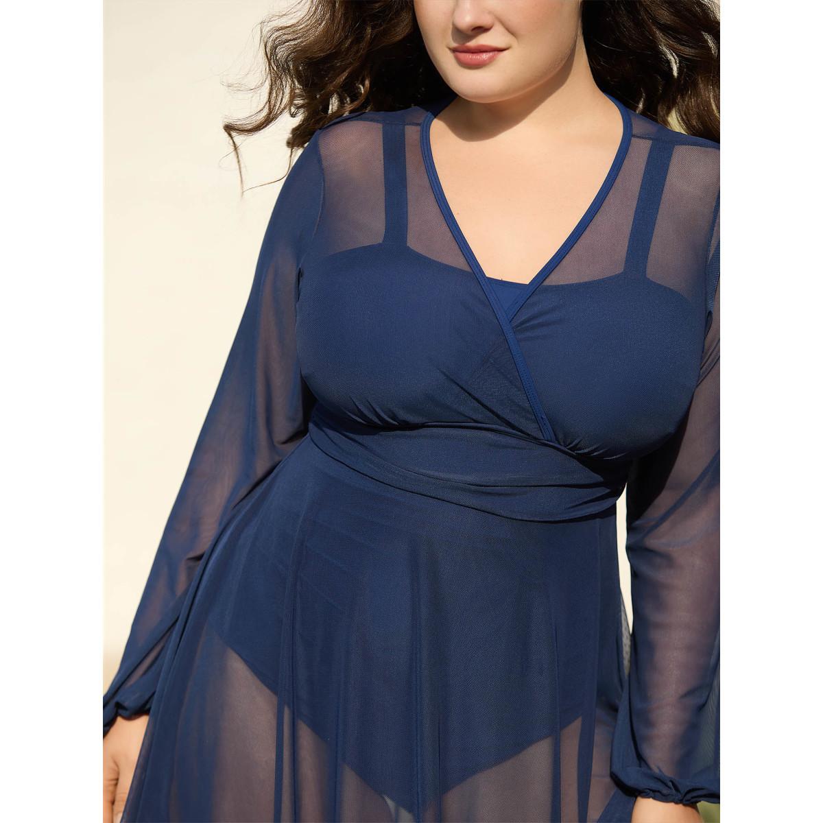Plus Size Long Sleeve Mesh Ruffle Hem Swim Dress Women's Swimwear Mediumblue Beach Bodycon Overlap Collar High stretch Curve Swim Dresses BloomChic 28/5X Product Image