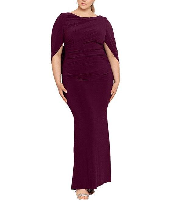 Betsy & Adam Plus Size Boat Neck 3/4 Drape Sleeve Gown Product Image